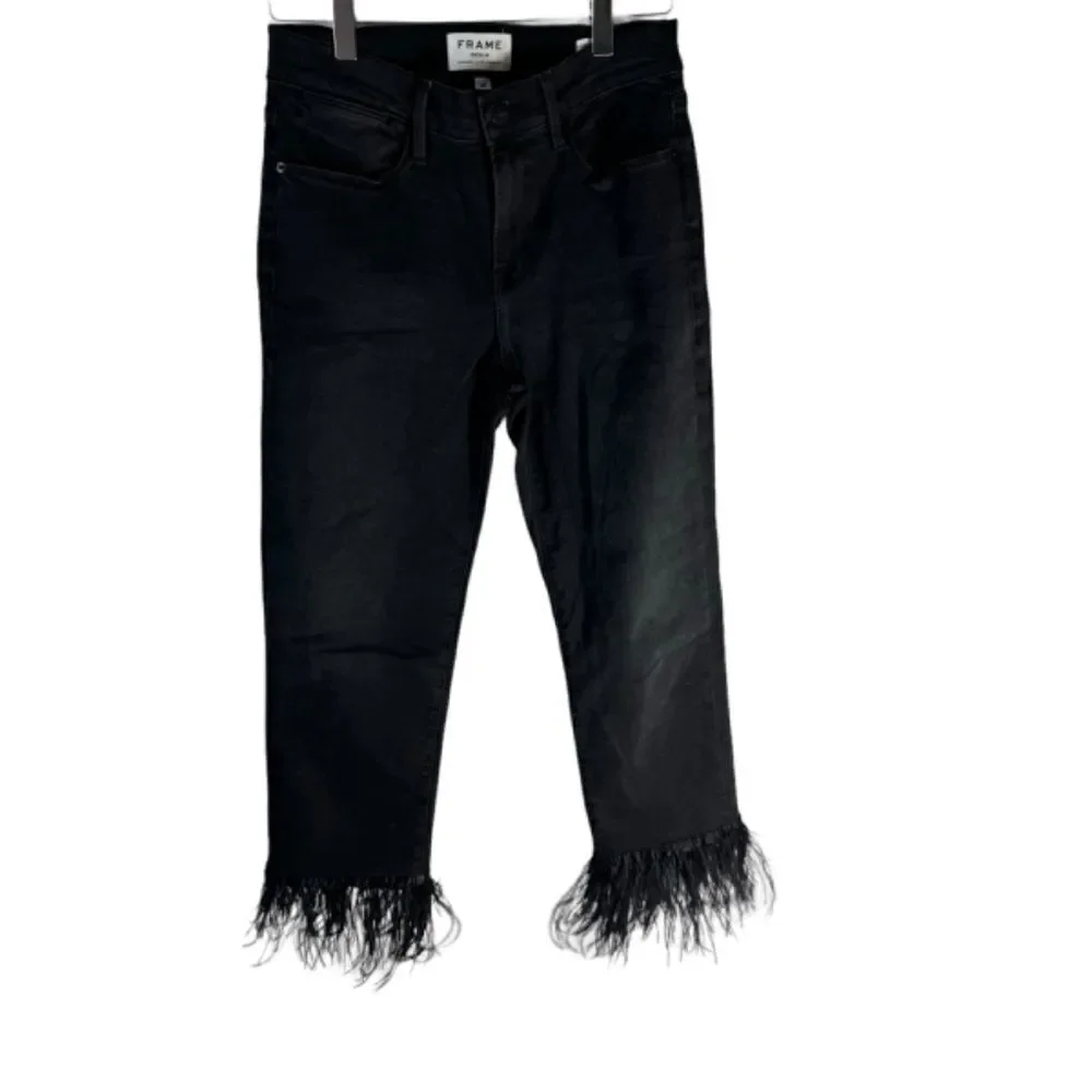 Frame Denim Le High Straight Black Feather Hem Jeans In Ludlow Sz 26 - Picture 5 of 13